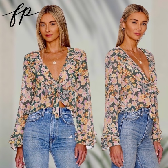 FREE PEOPLE Maybel Tie-Front Ruffled Blouse (Green/Pink) - Picture 4 of 14